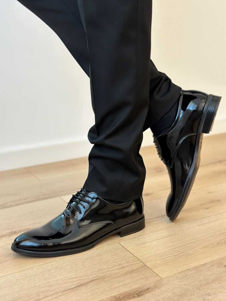 Pantofi Barbati Eleganti Ceremonie Negru Lucios 100% Piele Naturala - 1076